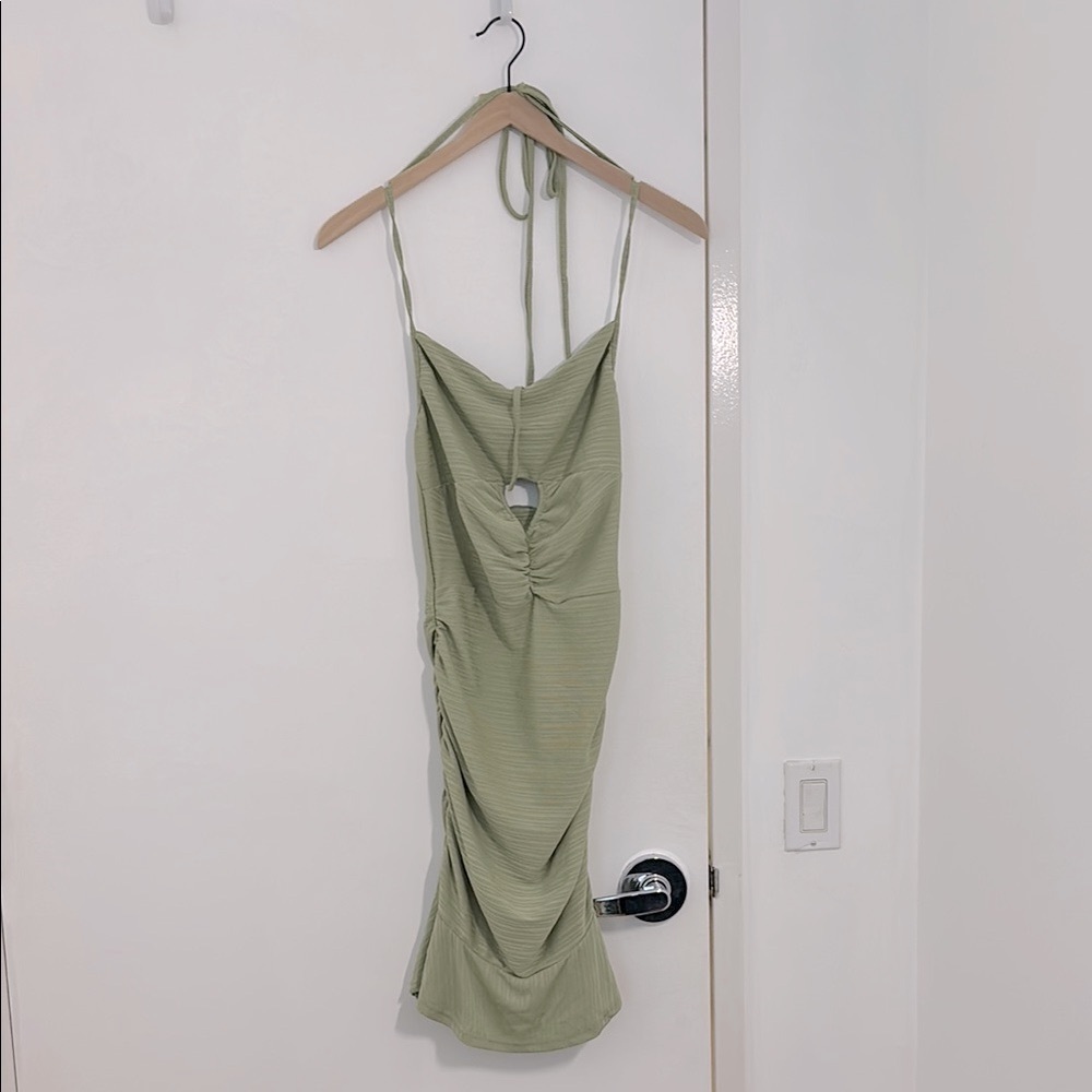 Sage Green Ruched Midi Mermaid Dress